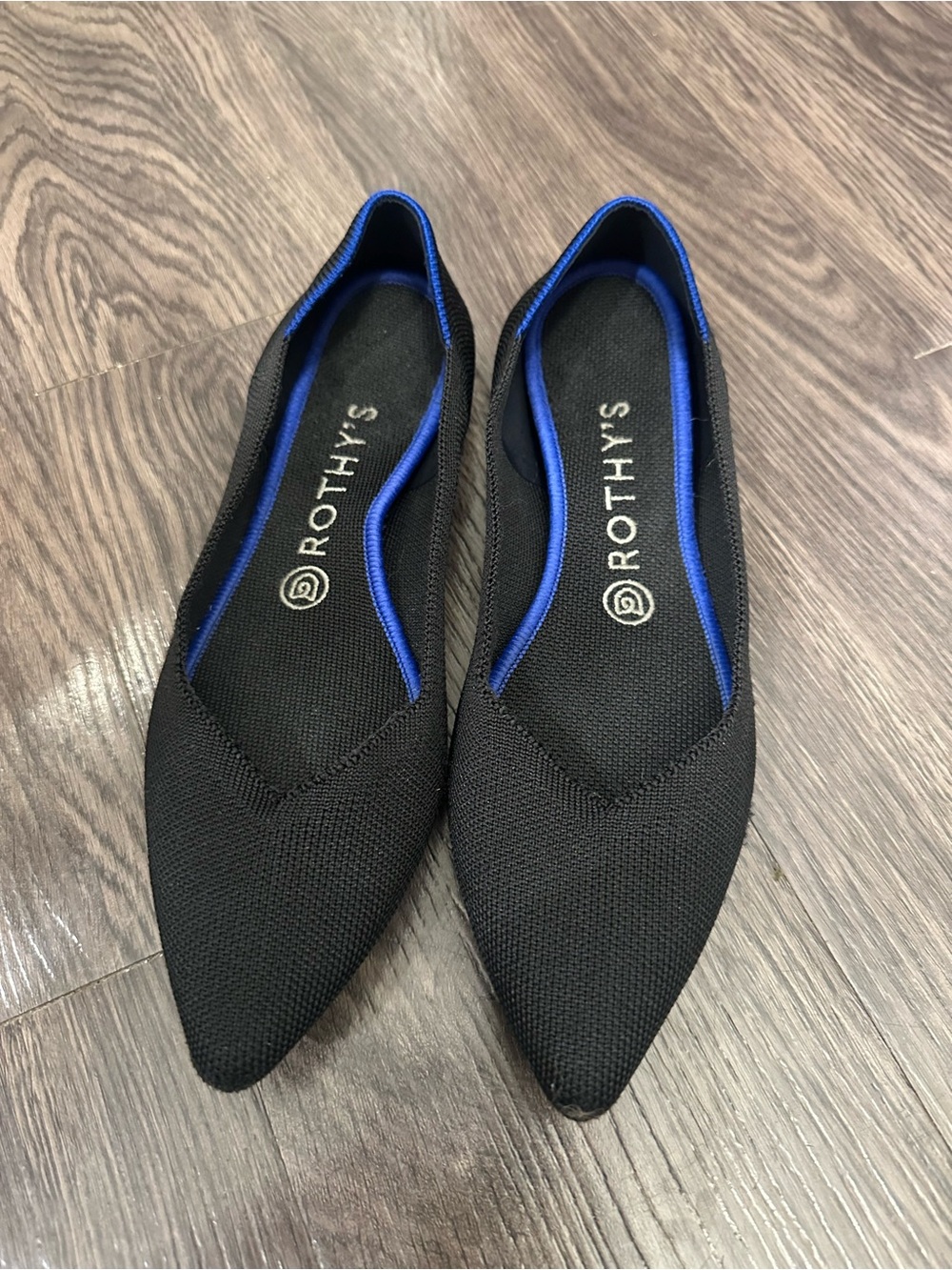 Rothy's Black Pointed Knit Flats with Blue Trim